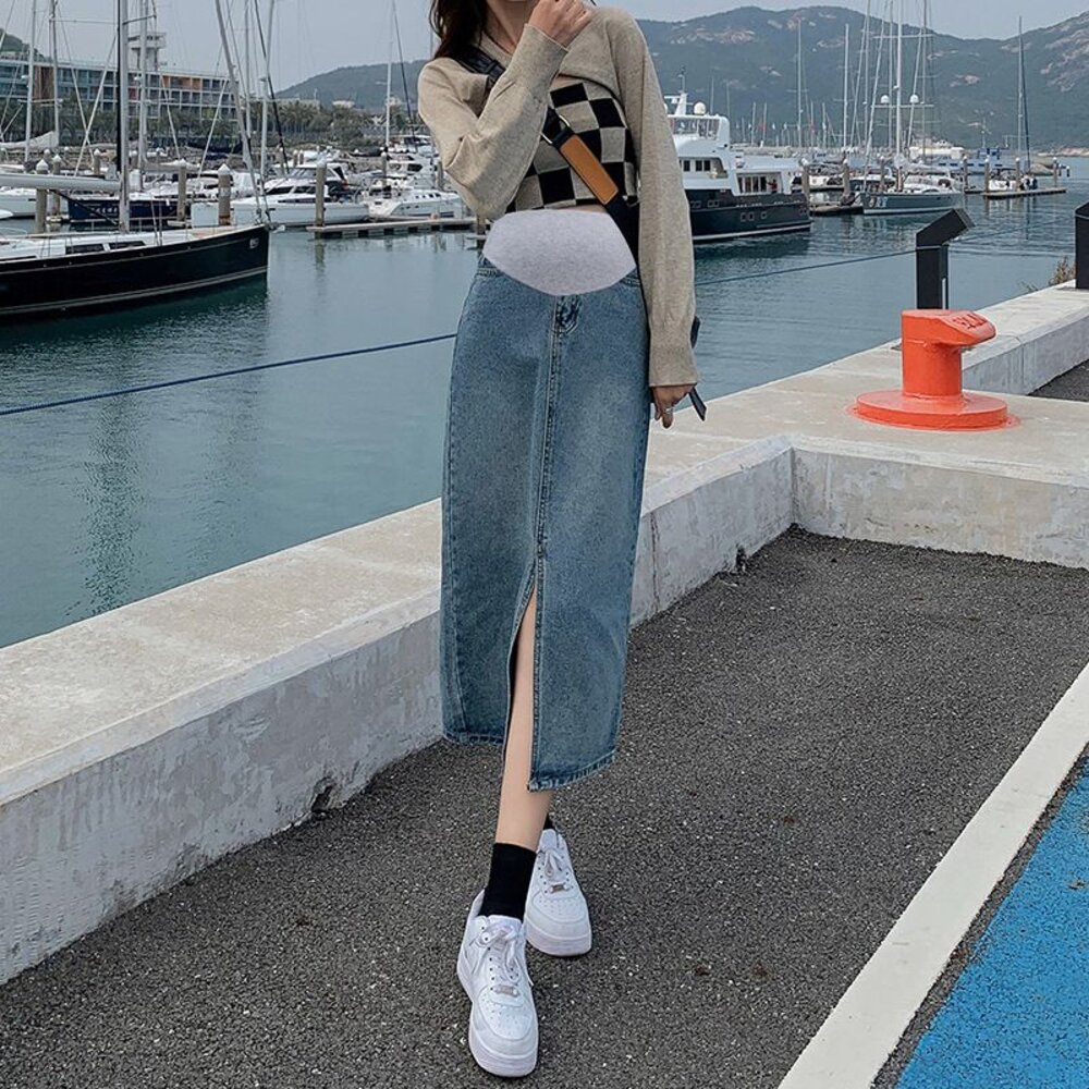 【S9259】 四季 高腰 開叉 牛仔半身裙 A字 中長 包臀裙 開叉 顯瘦 托腹 長裙 韓系 孕婦裙-圖片-2