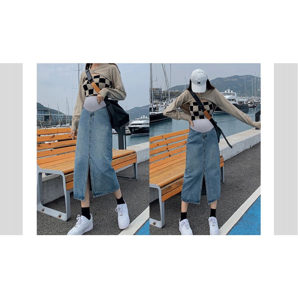 【S9259】 四季 高腰 開叉 牛仔半身裙 A字 中長 包臀裙 開叉 顯瘦 托腹 長裙 韓系 孕婦裙-圖片-3