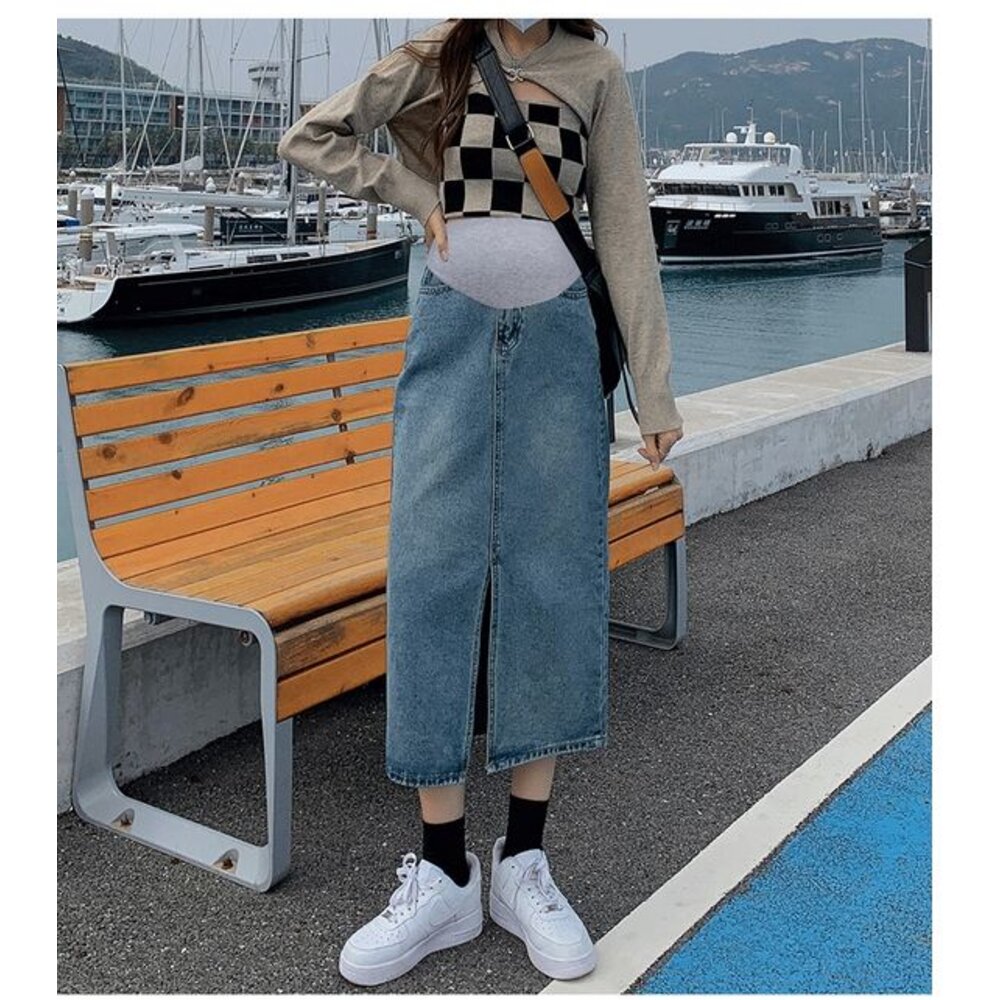 【S9259】 四季 高腰 開叉 牛仔半身裙 A字 中長 包臀裙 開叉 顯瘦 托腹 長裙 韓系 孕婦裙-圖片-5