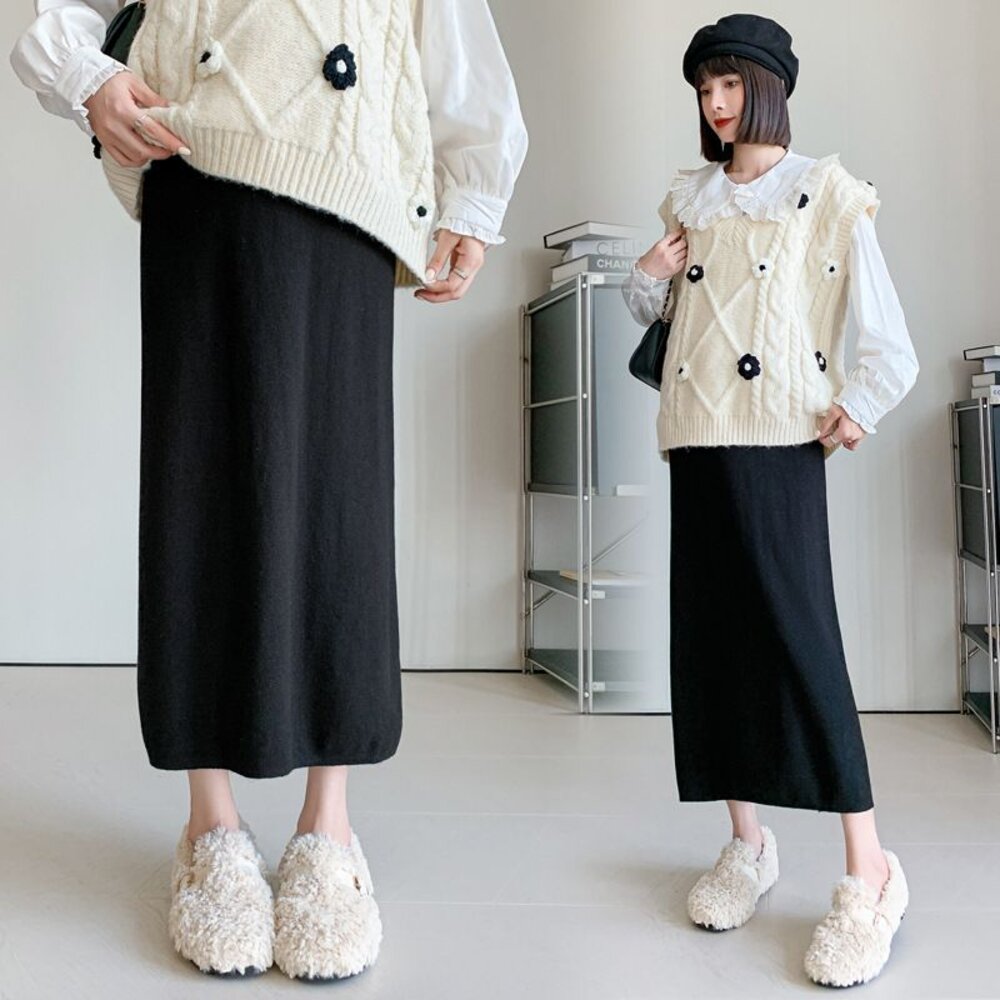 S9906-【S9906】 秋冬 保暖 韓系 包臀 針織 托腹裙 實拍 質感 針織裙 高腰 托腹 半身裙 長裙 孕婦裙