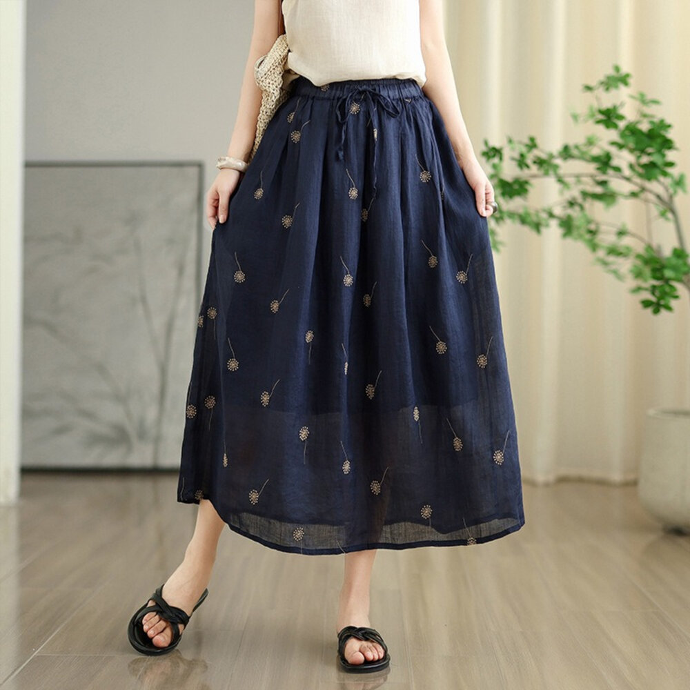 【SS1289】 夏日 蒲公英 繡花 鬆緊腰圍 高腰 半身裙 寬鬆 雙層 A字裙 文藝 ｜女裝 封面照片