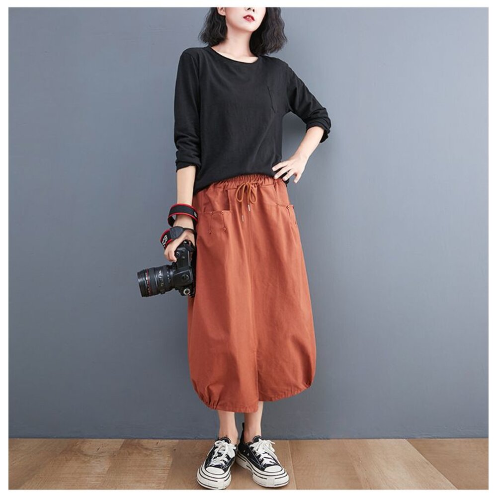 【SS8229】 四季 鬆緊腰 開叉 原創 花苞裙 燈籠裙 文藝 實拍 休閒 百搭 長裙 寬鬆 半身裙-圖片-1