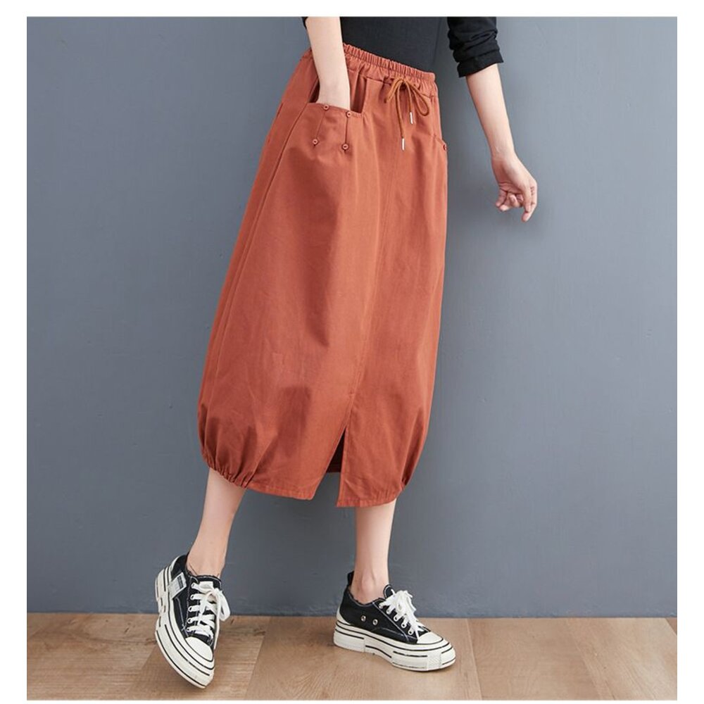 【SS8229】 四季 鬆緊腰 開叉 原創 花苞裙 燈籠裙 文藝 實拍 休閒 百搭 長裙 寬鬆 半身裙-圖片-2