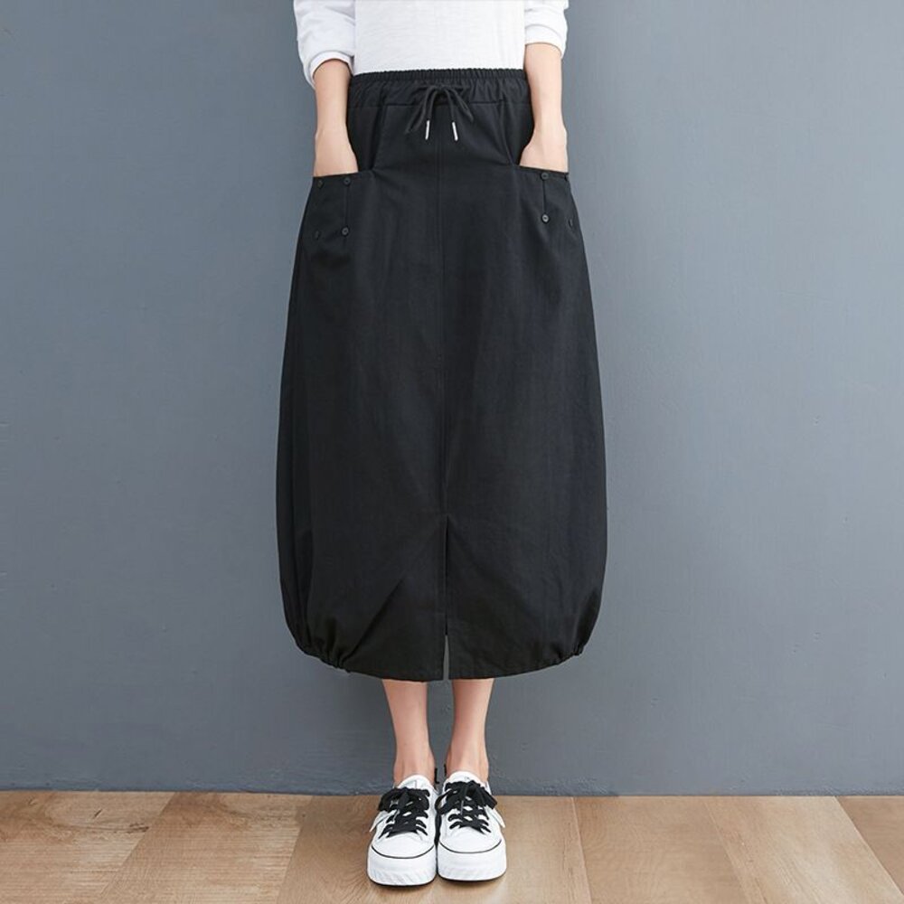 【SS8229】 四季 鬆緊腰 開叉 原創 花苞裙 燈籠裙 文藝 實拍 休閒 百搭 長裙 寬鬆 半身裙-圖片-3