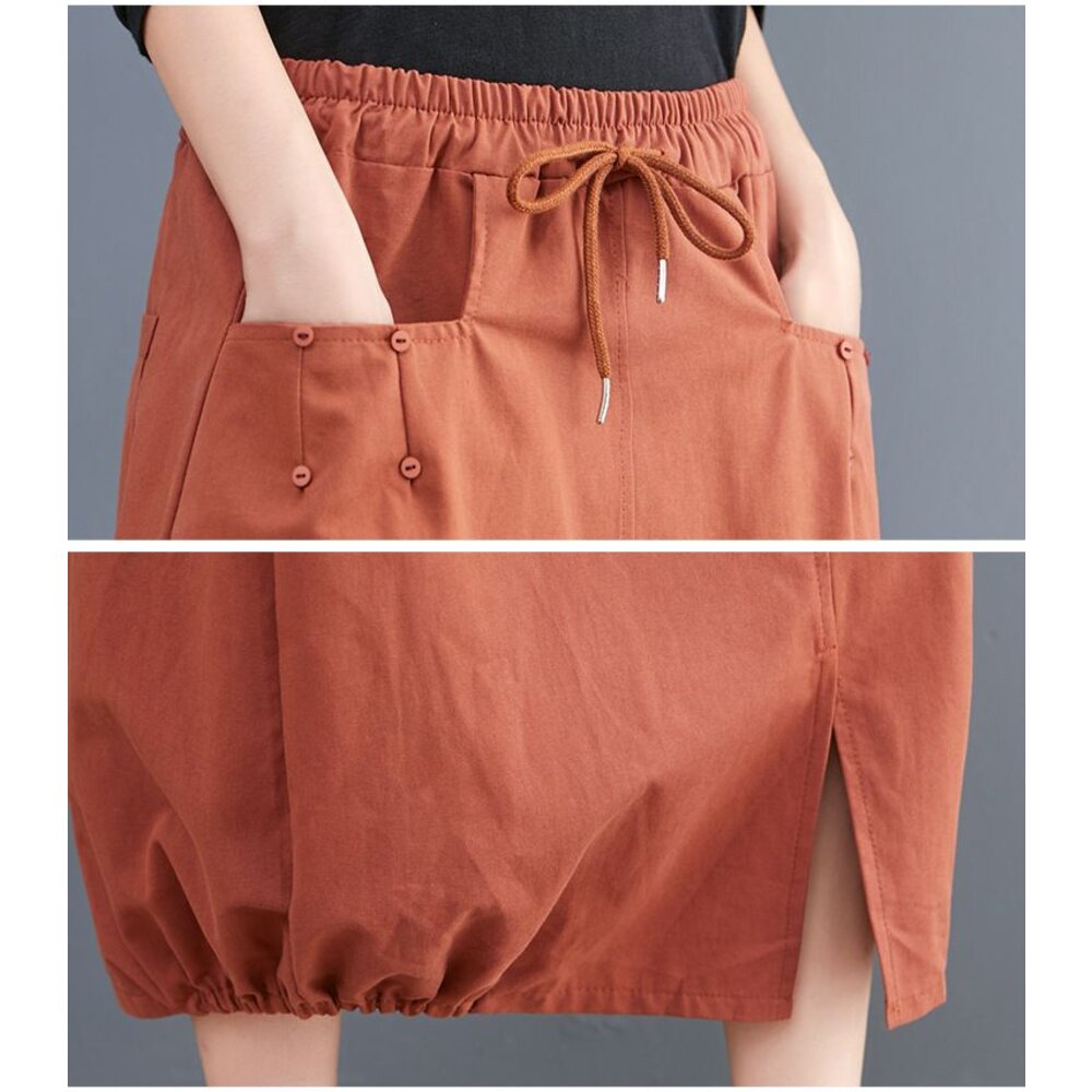 【SS8229】 四季 鬆緊腰 開叉 原創 花苞裙 燈籠裙 文藝 實拍 休閒 百搭 長裙 寬鬆 半身裙-圖片-4