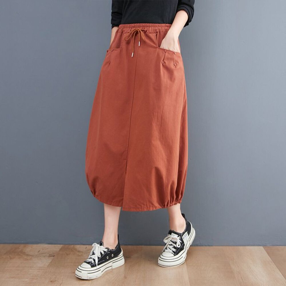 【SS8229】 四季 鬆緊腰 開叉 原創 花苞裙 燈籠裙 文藝 實拍 休閒 百搭 長裙 寬鬆 半身裙-圖片-8