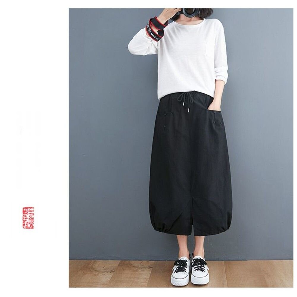 【SS8229】 四季 鬆緊腰 開叉 原創 花苞裙 燈籠裙 文藝 實拍 休閒 百搭 長裙 寬鬆 半身裙-圖片-9