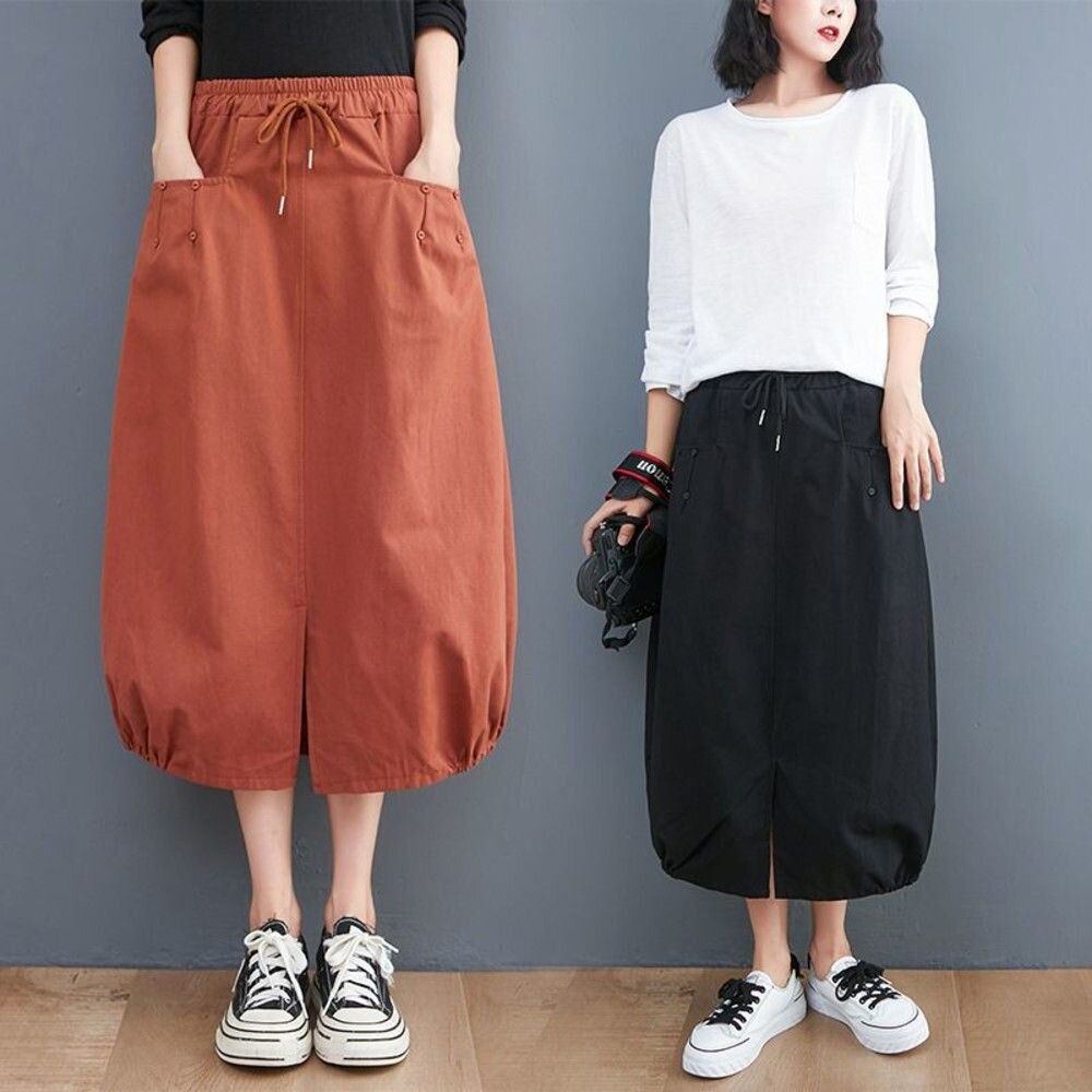 SS8229-【SS8229】 四季 鬆緊腰 開叉 原創 花苞裙 燈籠裙 文藝 實拍 休閒 百搭 長裙 寬鬆 半身裙