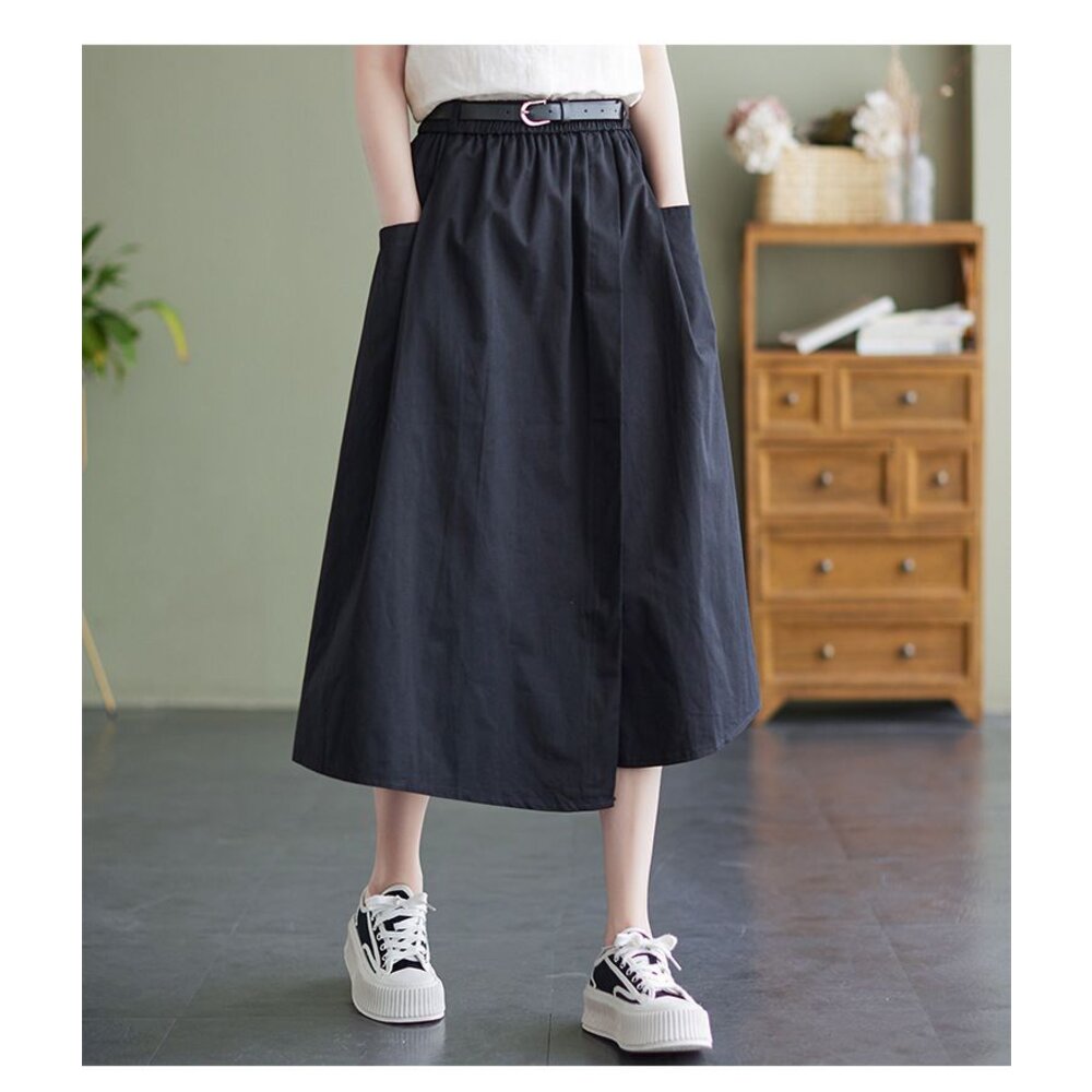 【SS8251】 春夏 棉麻 半身裙 中大尺碼 長裙 純色 開叉 口袋 鬆緊帶腰圍|女裝 不含皮帶-圖片-3