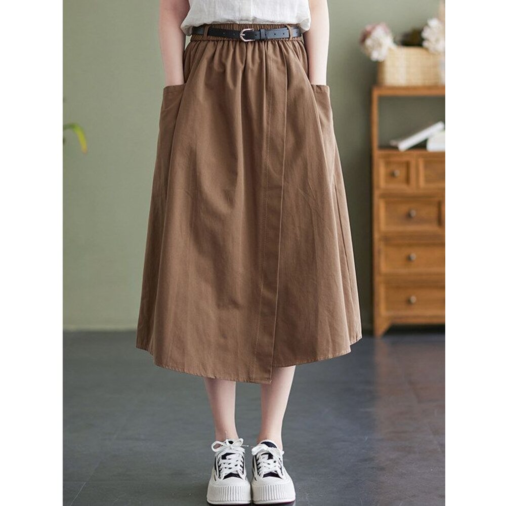 【SS8251】 春夏 棉麻 半身裙 中大尺碼 長裙 純色 開叉 口袋 鬆緊帶腰圍|女裝 不含皮帶-圖片-4