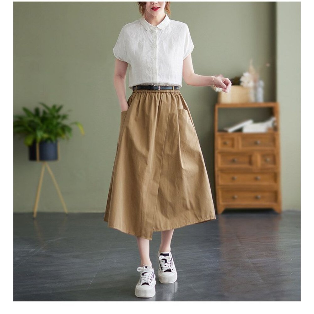 【SS8251】 春夏 棉麻 半身裙 中大尺碼 長裙 純色 開叉 口袋 鬆緊帶腰圍|女裝 不含皮帶-圖片-5