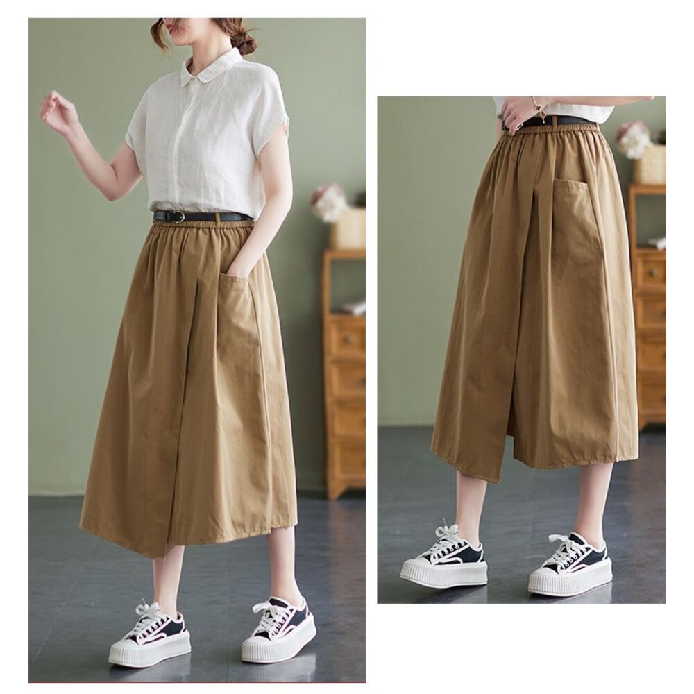 【SS8251】 春夏 棉麻 半身裙 中大尺碼 長裙 純色 開叉 口袋 鬆緊帶腰圍|女裝 不含皮帶-圖片-6