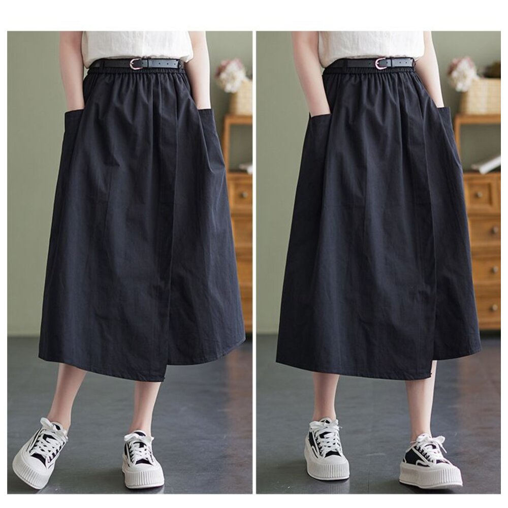 【SS8251】 春夏 棉麻 半身裙 中大尺碼 長裙 純色 開叉 口袋 鬆緊帶腰圍|女裝 不含皮帶-圖片-7