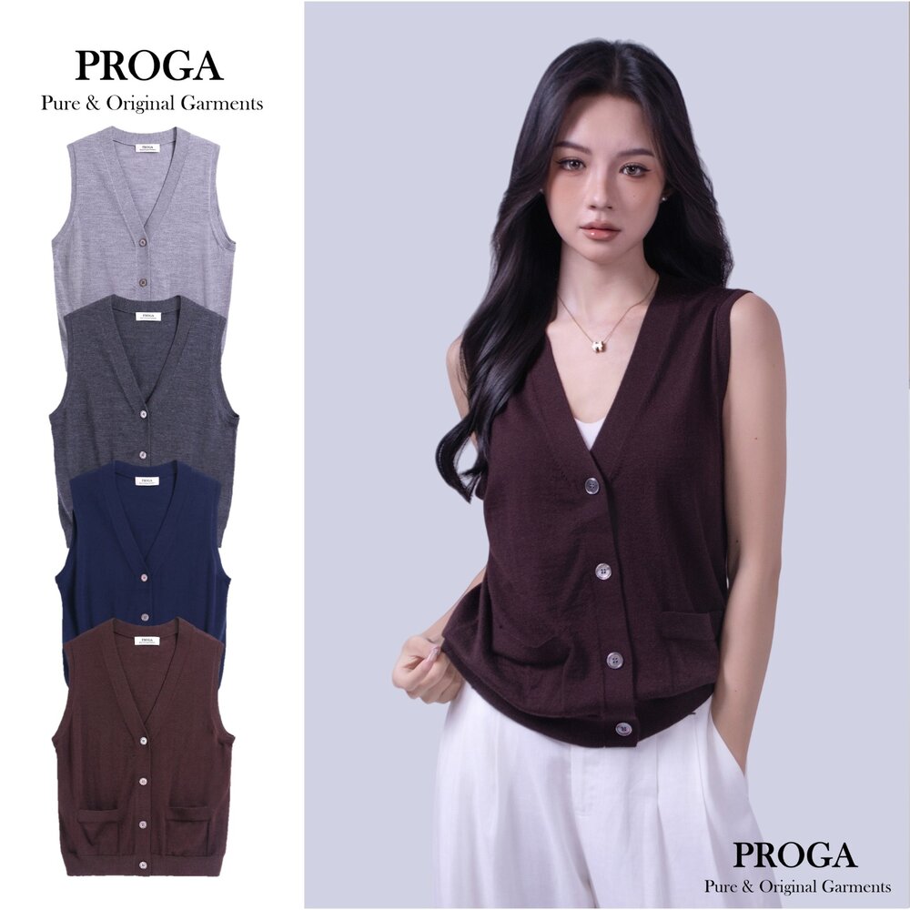 PG25003-PG25003 100%純美麗諾羊毛 無袖口袋鈕扣針織背心毛衣女 16針細柔款(4色) 透氣保暖 抗菌防臭
