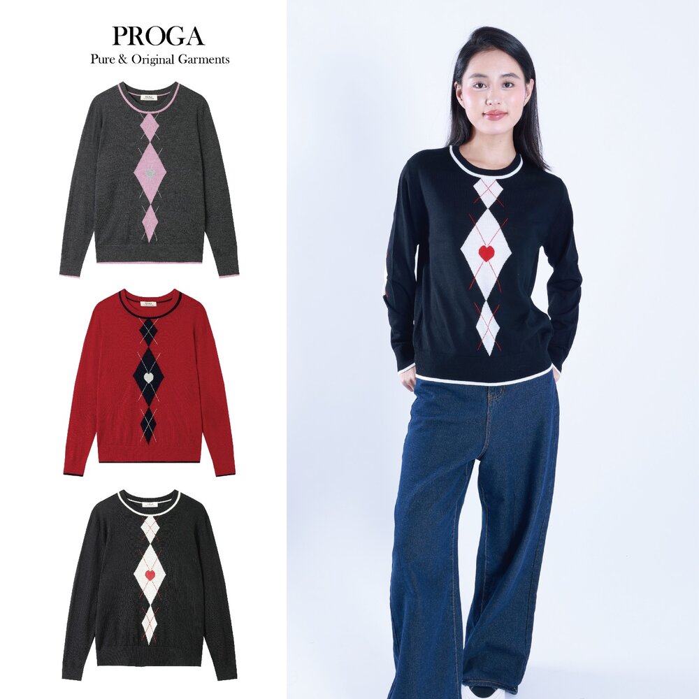 PG25007-PG25007 100%純美麗諾羊毛 圓領針織長袖毛衣女 菱形小愛心花紋 16針細柔款(3色) 透氣保暖 抗菌防臭