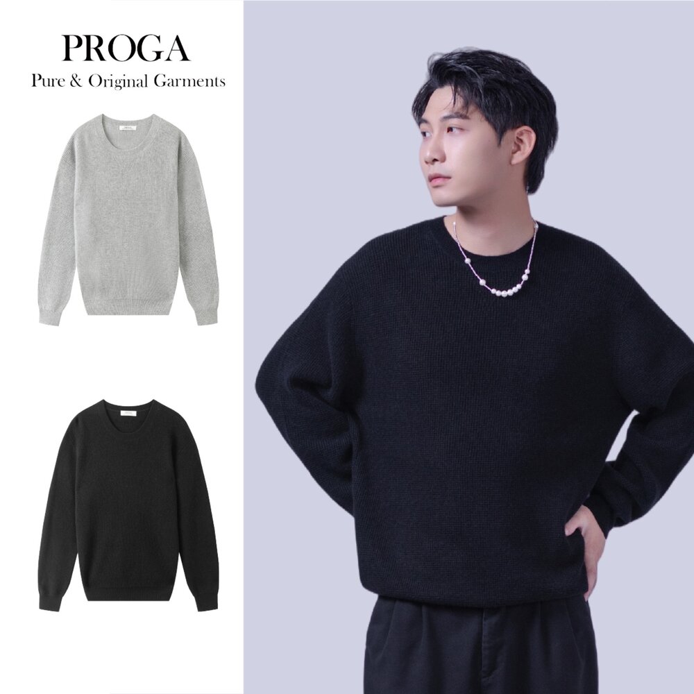 PG25009A-PG25009A Cashmere羊絨美麗諾羊毛混紡 圓領針織長袖日系毛衣男 華夫格 標準款(2色) 透氣保暖 抗菌防臭
