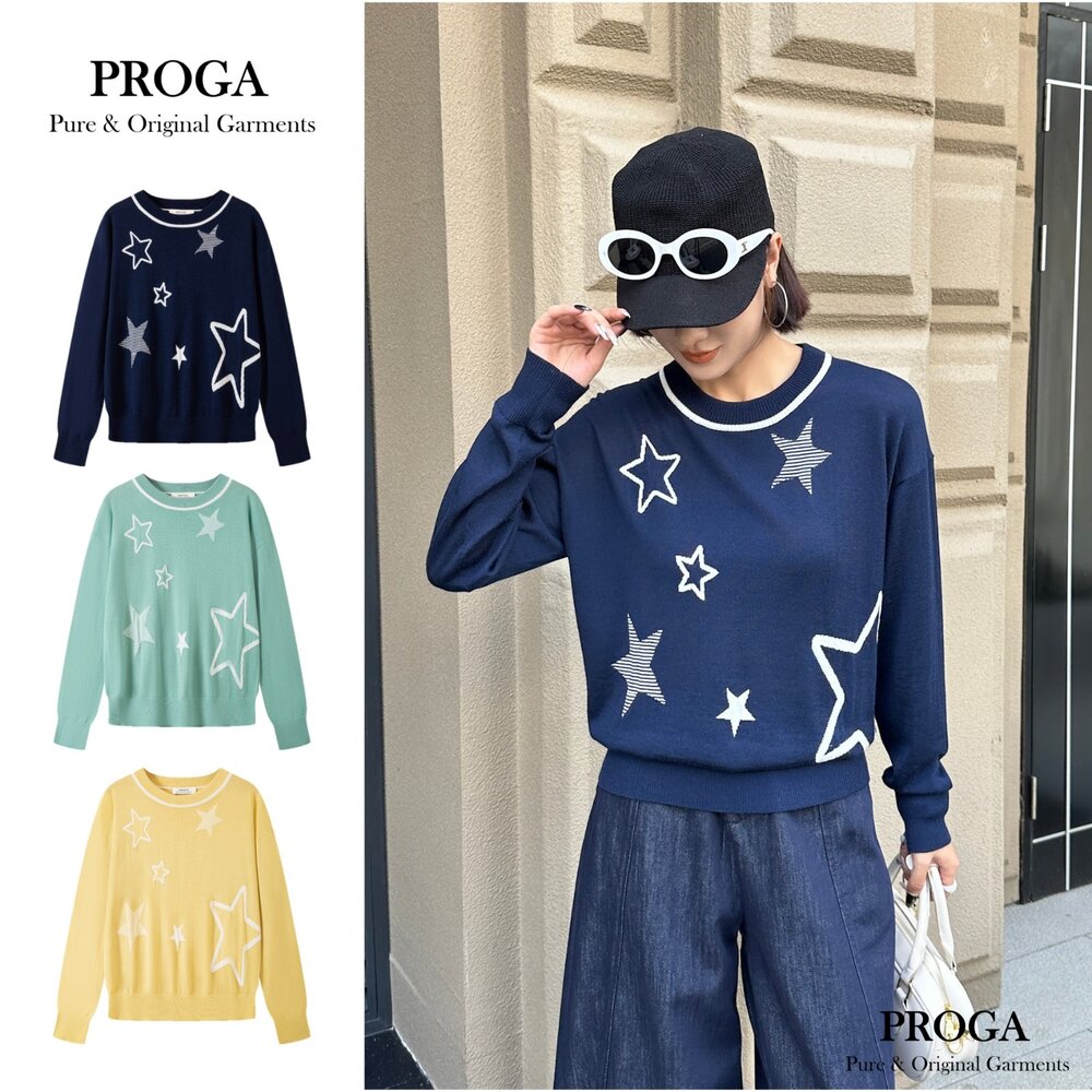 PG25010-PG25010 100%純美麗諾羊毛 圓領針織長袖毛衣女 星星花紋 16針細柔款(3色) 透氣保暖 抗菌防臭