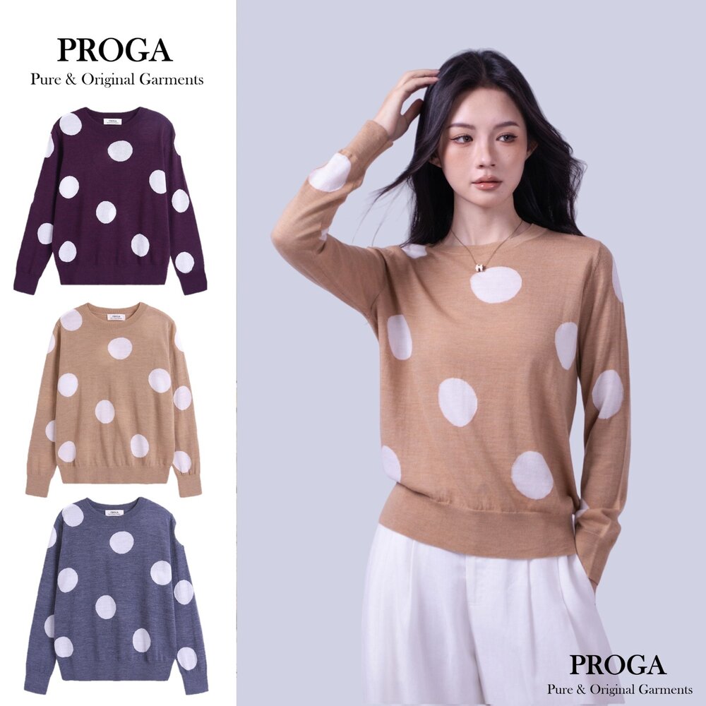 PG25011-PG25011 100%純美麗諾羊毛 圓領針織長袖毛衣女 圓點花紋 16針細柔款(3色) 透氣保暖 抗菌防臭