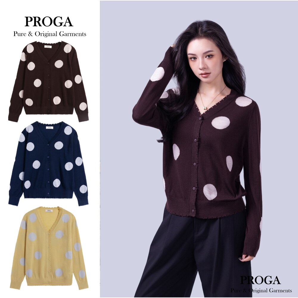 PG25012-PG25012 100%純美麗諾羊毛 V領鈕扣針織長袖毛衣女開襟衫 圓點花紋鋸齒邊 16針細柔款(3色)透氣保暖抗菌防臭