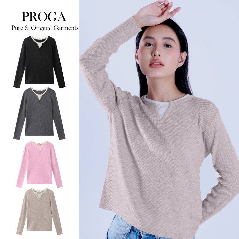 PG25013-PG25013 100%純美麗諾羊毛 圓領針織長袖毛衣女 假兩件 羅紋坑條 16針細柔款(3色) 透氣保暖 抗菌防臭