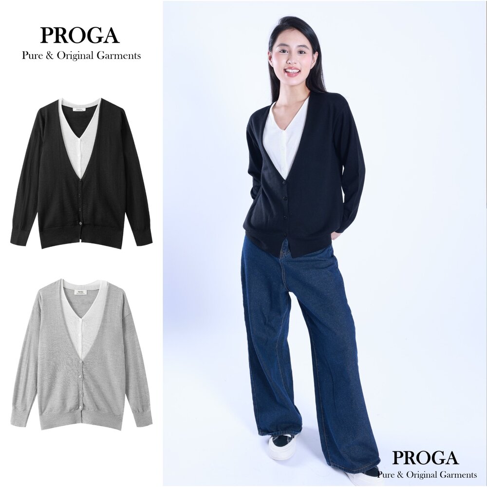 PG25014-PG25014 100%純美麗諾羊毛 V領針織長袖毛衣女 開襟衫 假兩件 16針細柔款(2色) 透氣保暖 抗菌防臭