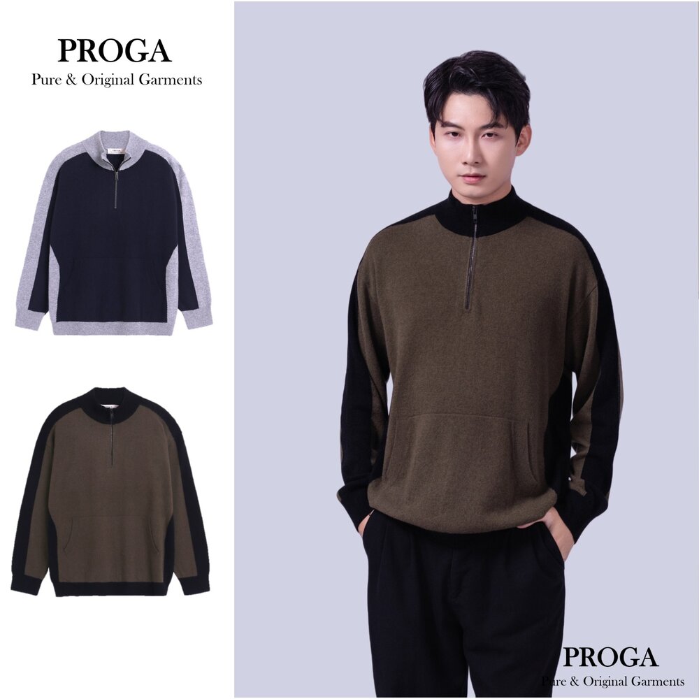 PG25019A-PG25019A Cashmere羊絨美麗諾羊毛混紡 立領半拉鏈針織長袖日系毛衣男 標準款(2色) 透氣保暖 抗菌防臭