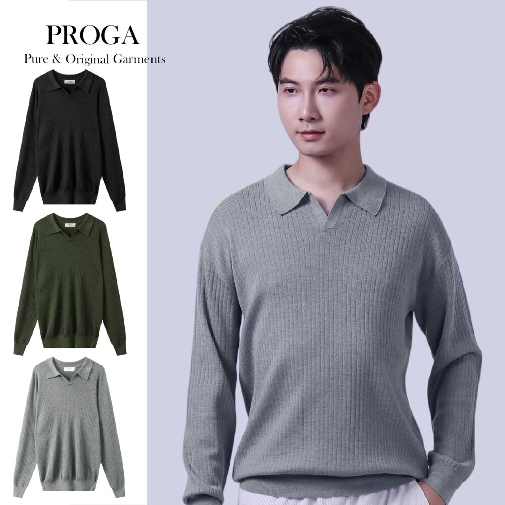 PG25021-PG25021 100%純美麗諾羊毛 POLO領針織長袖毛衣男 羅紋坑條 16針細柔款(3色) 透氣保暖 抗菌防臭