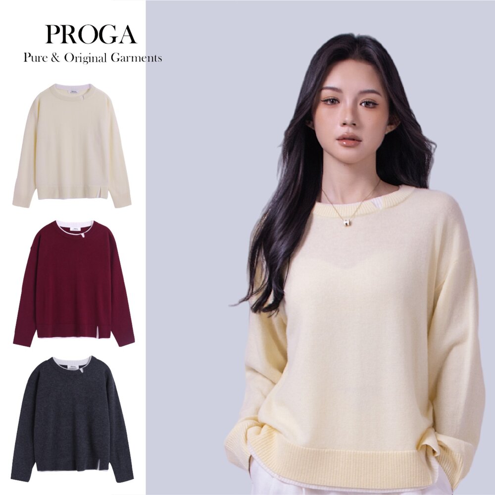 PG25022A-PG25022A Cashmere羊絨美麗諾羊毛混紡 圓領針織長袖毛衣女 假兩件 標準款(3色) 透氣保暖 抗菌防臭