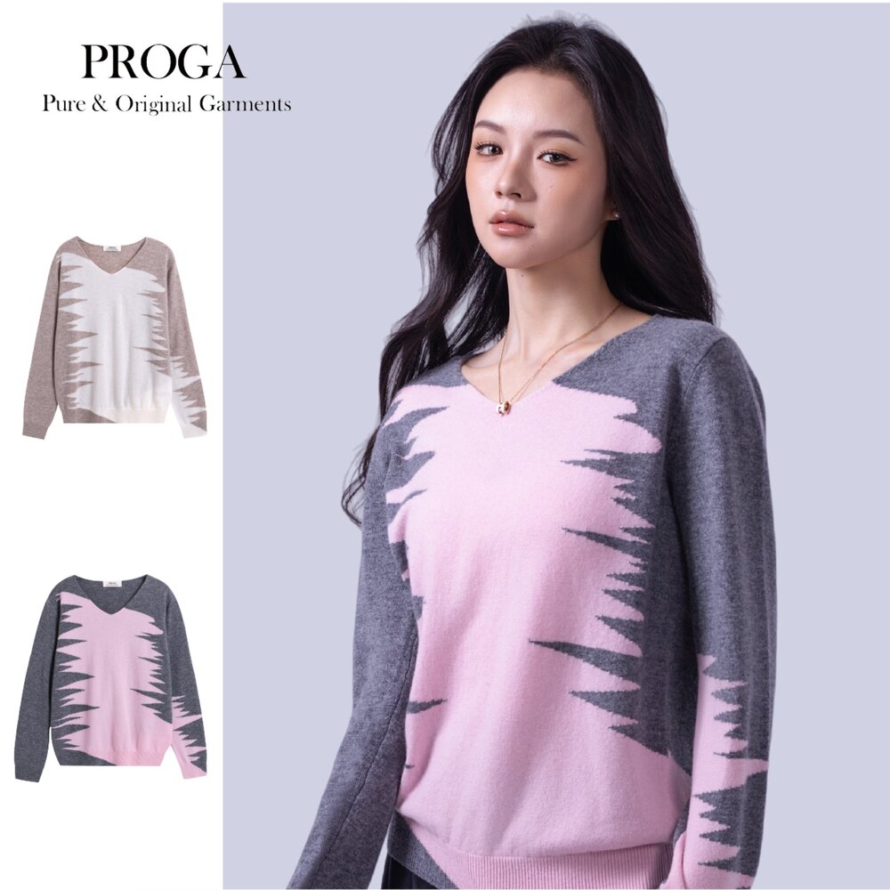 PG25025B-PG25025B Cashmere羊絨美麗諾羊毛混紡 V領針織長袖日系毛衣女 鋸齒花紋 標準款(2色)透氣保暖 抗菌防臭