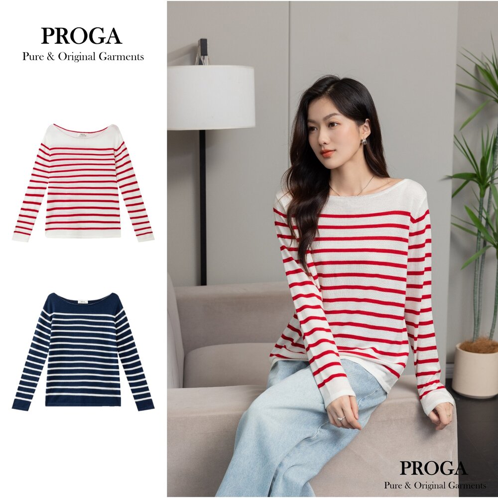 PG25026-PG25026 100%純美麗諾羊毛 船領針織長袖條紋毛衣女 16針細柔款(2色) 透氣保暖 抗菌防臭