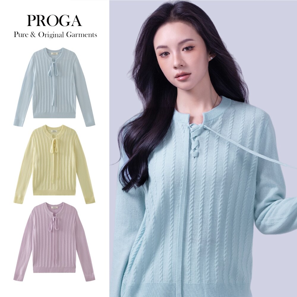 PG25028A-PG25028A Cashmere羊絨美麗諾羊毛混紡  圓領針織長袖麻繩編織毛衣女 蝴蝶結 標準款(3色) 透氣保暖 抗