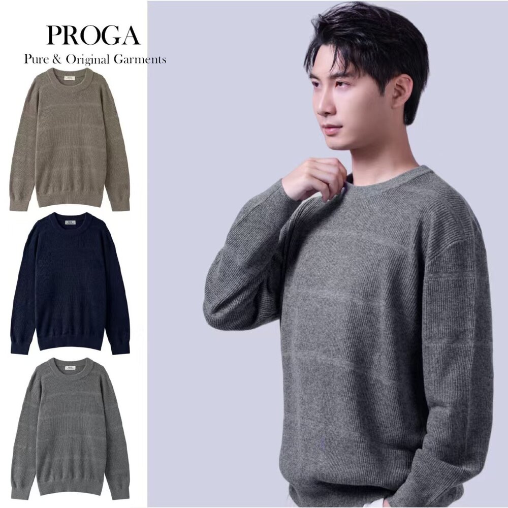 PG25029A-PG25029A Cashmere羊絨美麗諾羊毛混紡 圓領針織長袖毛衣男 水平紋理編織 標準款(3色)透氣保暖 抗菌防臭