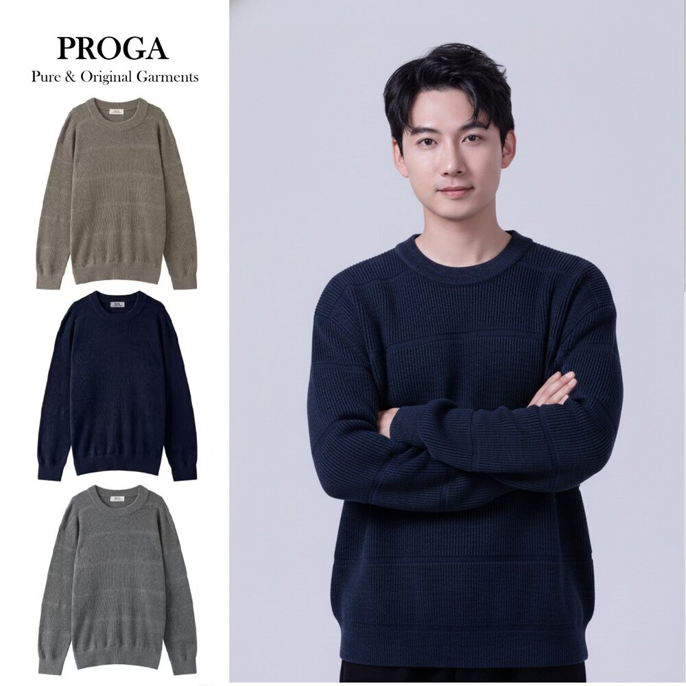 PG25029A-PG25029A Cashmere羊絨美麗諾羊毛混紡 圓領針織長袖毛衣男 水平紋理編織 標準款(3色)透氣保暖 抗菌防臭