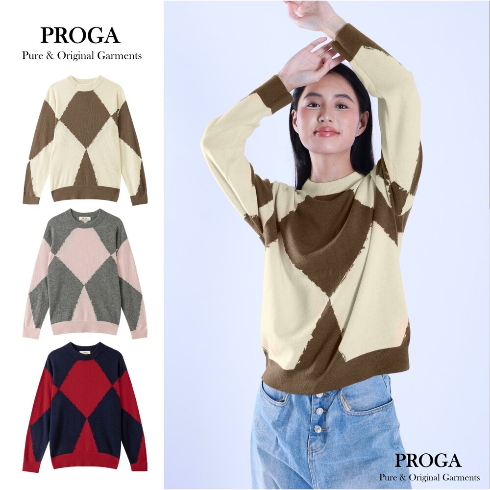 PG25033A-PG25033A Cashmere羊絨美麗諾羊毛混紡 圓領針織長袖毛衣女 菱形花紋 標準款(3色) 透氣保暖 抗菌防臭