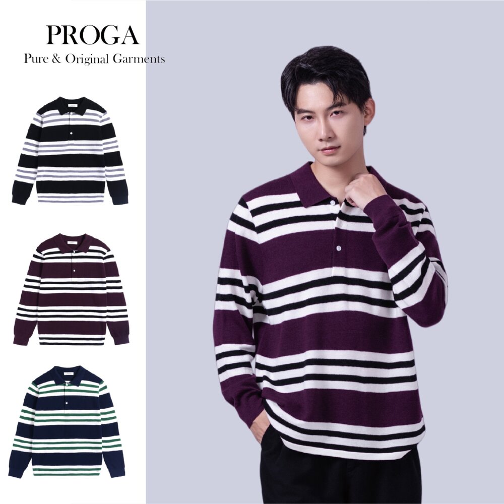 PG25034-PG25034 100%純美麗諾羊毛 POLO領針織長袖毛衣男 水平橫條紋16針細柔款(3色) 透氣保暖 抗菌防臭