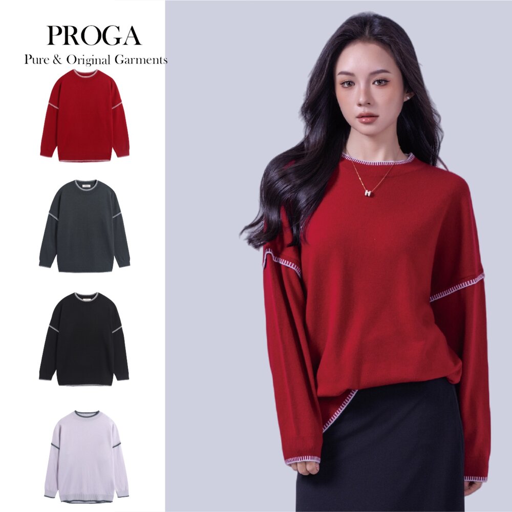 PG25037A-PG25037A Cashmere羊絨美麗諾羊毛混紡 圓領針織長袖毛衣女 細邊花紋 標準款(4色) 透氣保暖 抗菌防臭