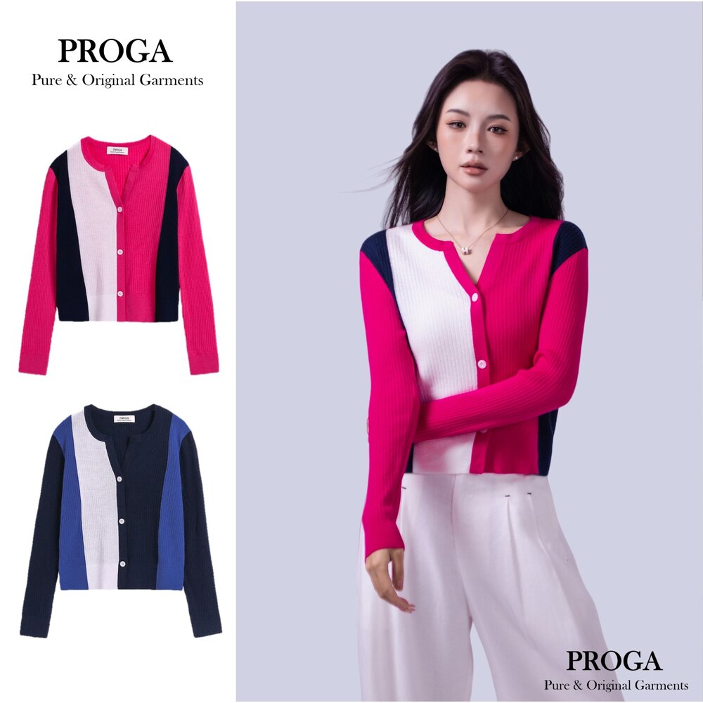 PG25038-PG25038 100%純美麗諾羊毛 撞色拼接針織長袖鈕扣毛衣女 開襟衫 16針細柔款(3色) 透氣保暖 抗菌防臭