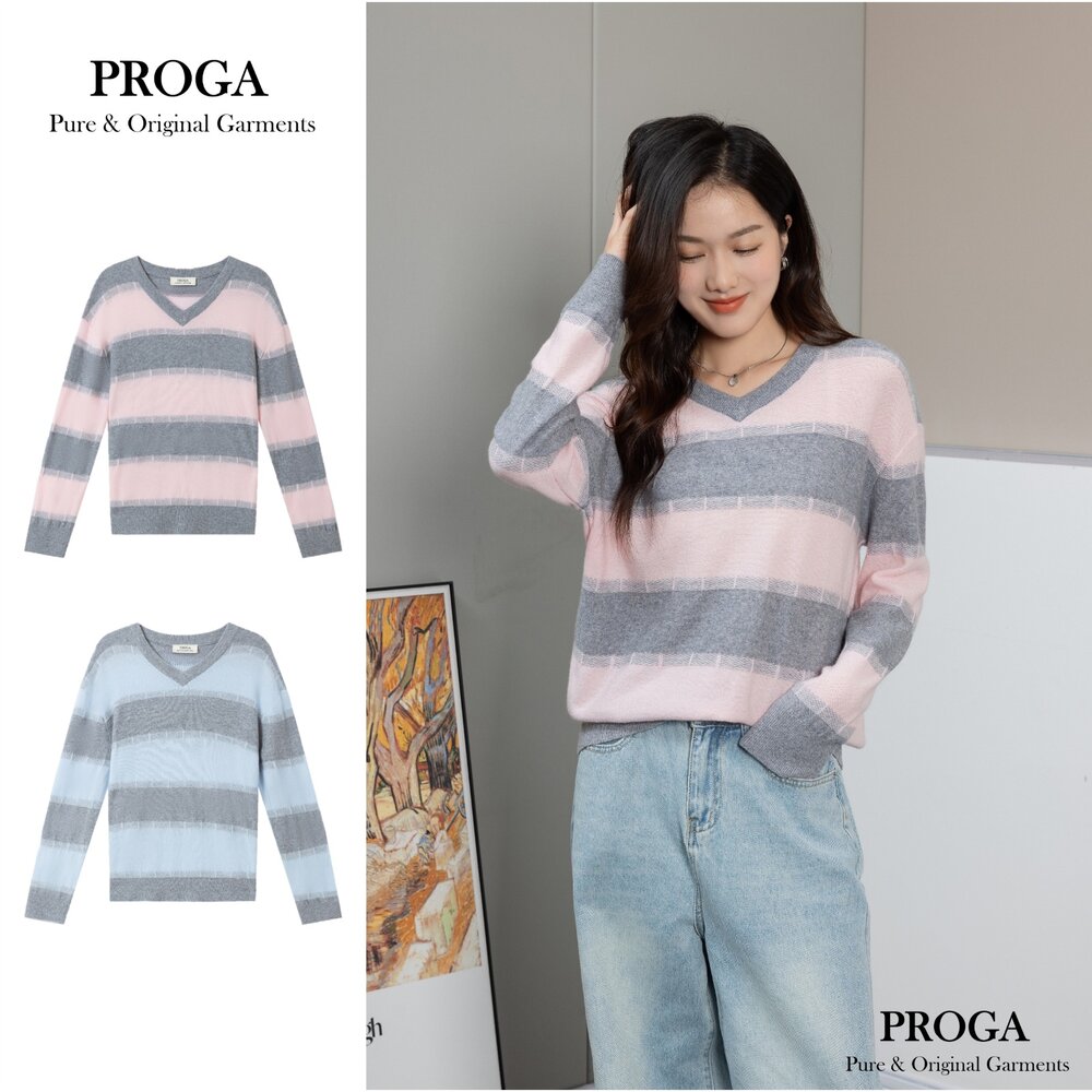 PG25039A-PG25039A Cashmere羊絨美麗諾羊毛混紡 V領針織長袖日系毛衣女 大條紋 標準款(2色) 透氣保暖 抗菌防臭