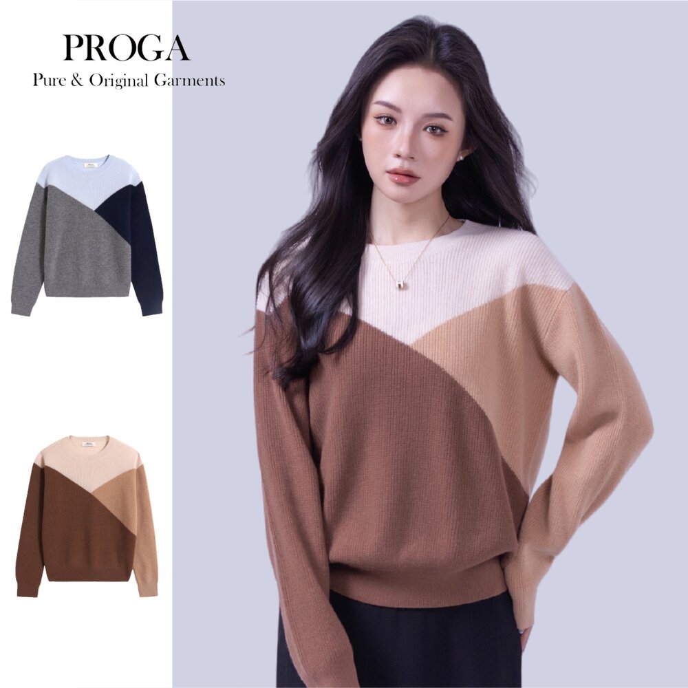 PG25040A-PG25040A Cashmere羊絨美麗諾羊毛混紡 圓領針織長袖毛衣女 幾何色塊拼接 標準款(4色)透氣保暖 抗菌防臭