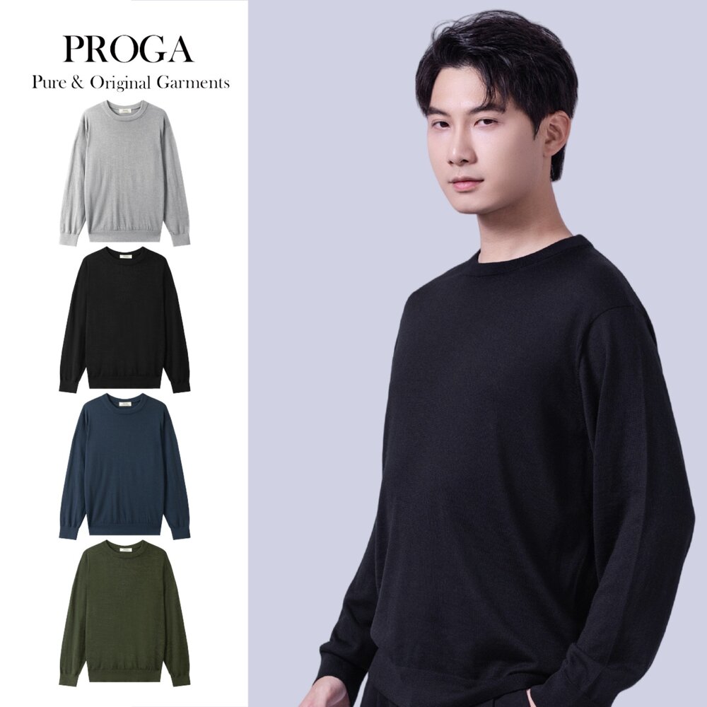 PG25042B-PG25042 100%純美麗諾羊毛 圓領針織長袖日系毛衣男 16針細柔款(4色) 透氣保暖 抗菌防臭