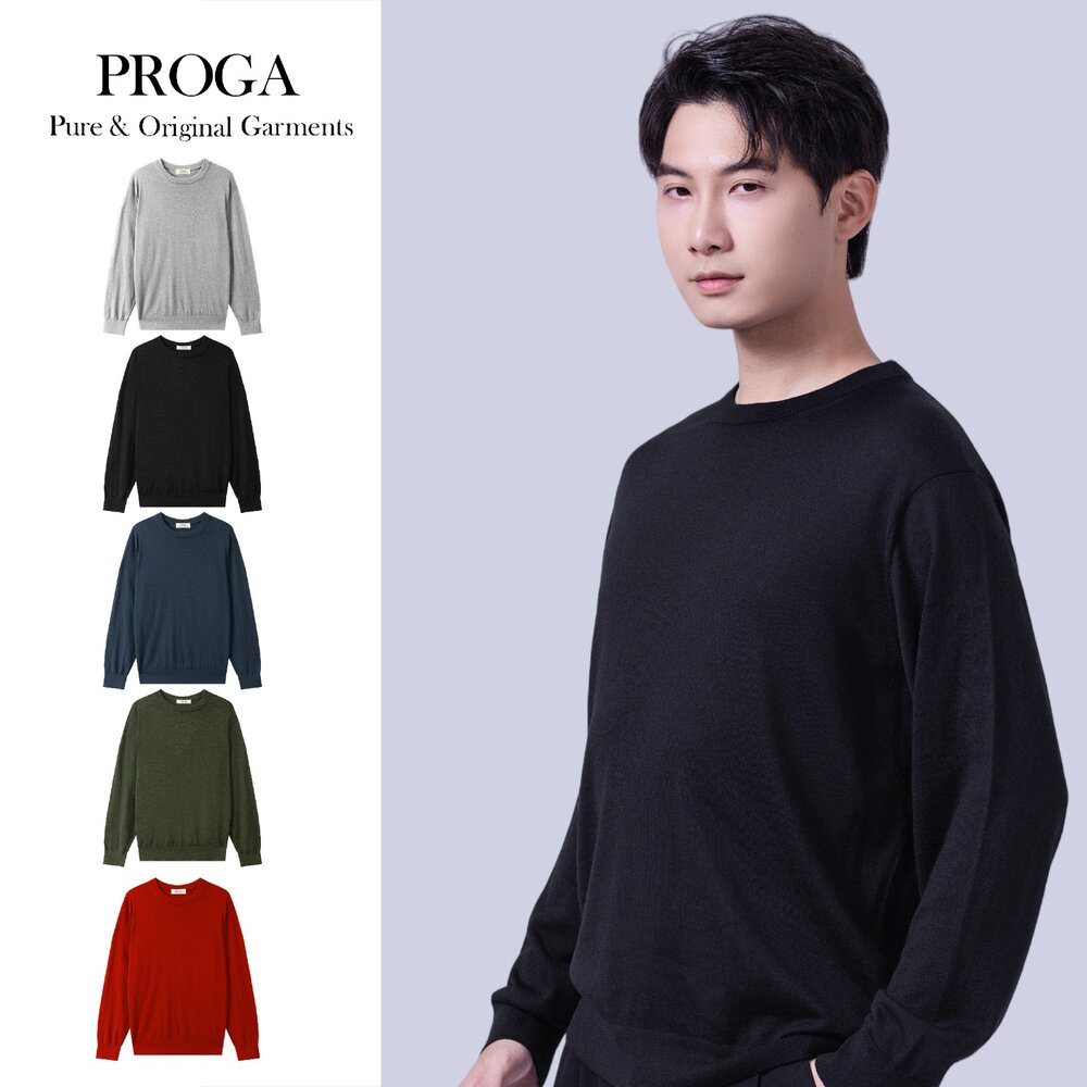 PG25042B-PG25042 100%純美麗諾羊毛 圓領針織長袖日系毛衣男 16針細柔款(4色) 透氣保暖 抗菌防臭