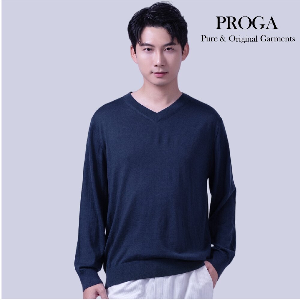 PG25043 100%純美麗諾羊毛 V領針織長袖日系毛衣男 16針細柔款(4色)透氣保暖 抗菌防臭-圖片-1
