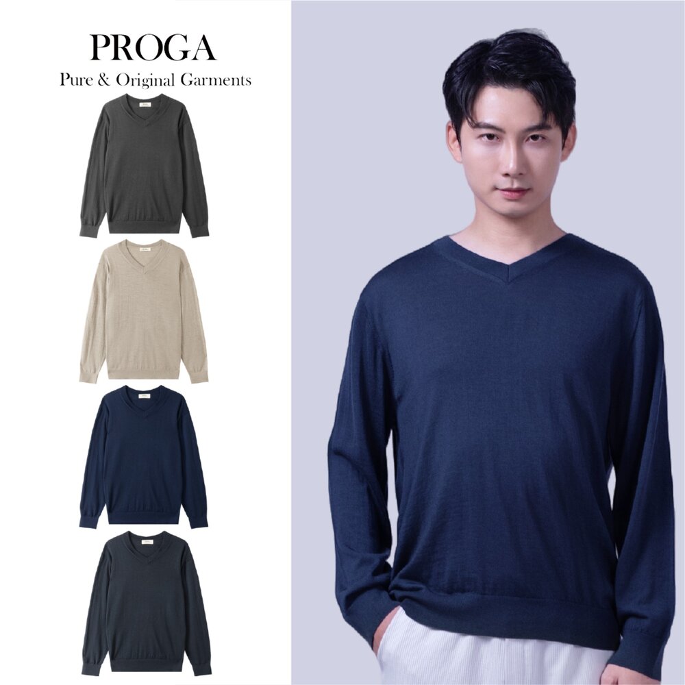 PG25043B - PG25043 100%純美麗諾羊毛 V領針織長袖日系毛衣男 16針細柔款(4色)透氣保暖 抗菌防臭