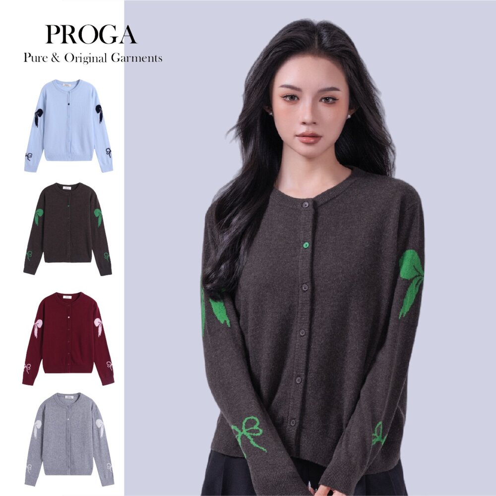 PG25049-PG25049 Cashmere羊絨美麗諾羊毛混紡 圓領鈕扣針織長袖毛衣女 蝴蝶結花紋 開襟衫(4色)透氣保暖 抗菌防臭