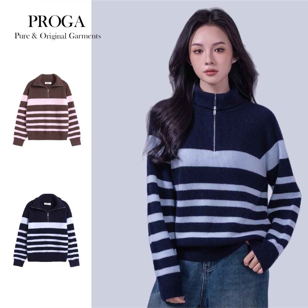 PG25050-PG25050 Cashmere羊絨美麗諾羊毛混紡 高領半開胸拉鍊針織長袖毛衣女 橫條紋 標準款(2色)透氣保暖抗菌防臭