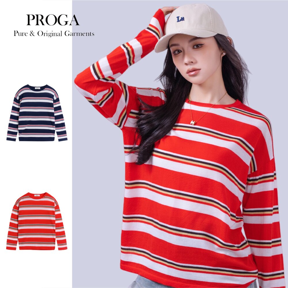 PG25051-PG25051 100%純美麗諾羊毛 圓領針織長袖日系毛衣女 橫條紋 16針細柔款(2色) 透氣保暖 抗菌防臭