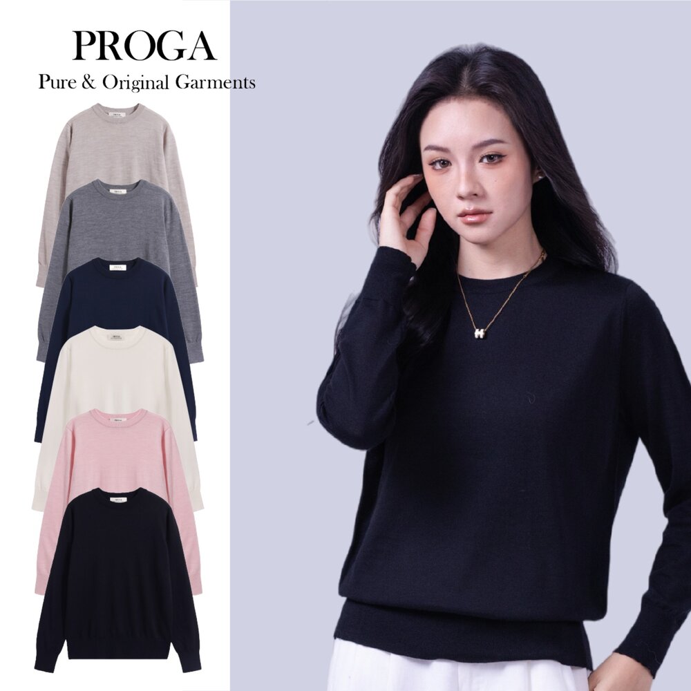 PG25053 - PG25053 100%純美麗諾羊毛 圓領針織長袖日系毛衣女 16針細柔款(6色) 透氣保暖 抗菌防臭