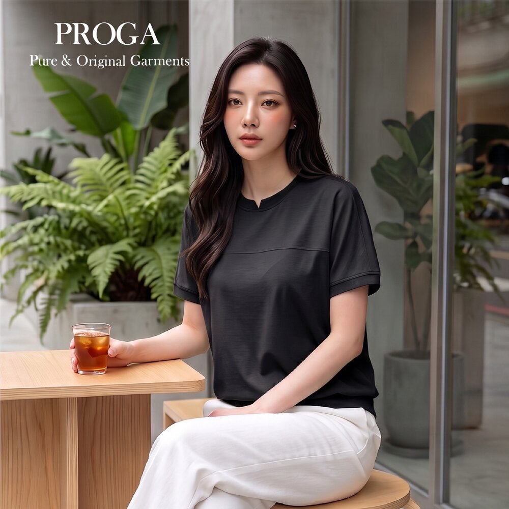 純棉 100%液氨絲光長絨棉 80支150g日系落肩短袖T恤女 現貨(5色)寬鬆遮肉 下擺收腰 顯瘦上衣PG26068J-圖片-1