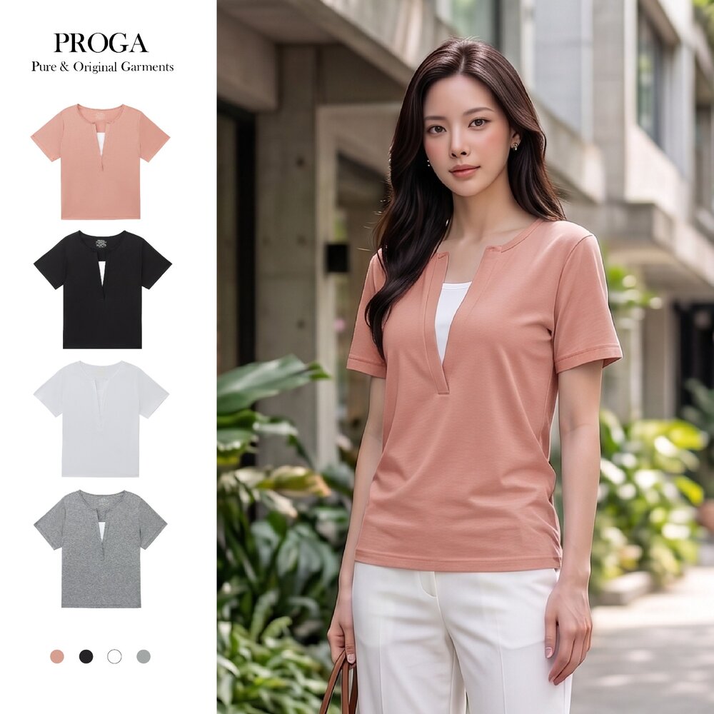 PG26069J-純棉 100%液氨絲光長絨棉 80支150g假兩件深V領短袖T恤女 現貨(4色) 拼接防走光 顯瘦天鵝頸PG26069J