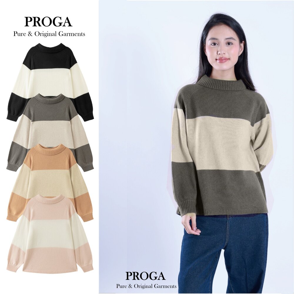 PRG25003-PRG25003 限量 義大利進口紗線混紡 高質感羅紋高領圓領針織長袖韓系毛衣女 橫條紋 厚暖款(4色)